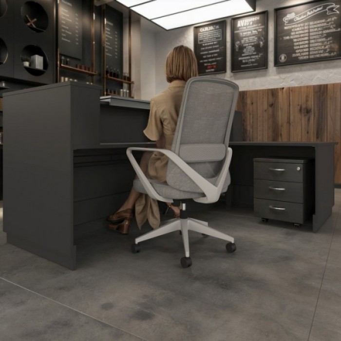 Mostrador de recepción en L con mesa – Vista lateral