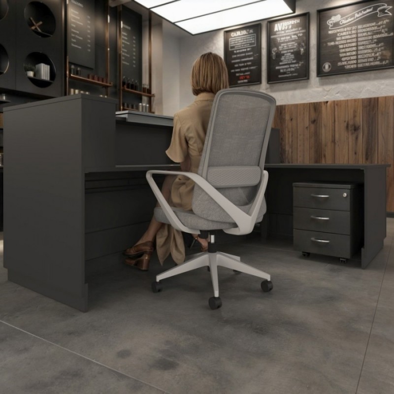 Mostrador de recepción en L con mesa – Vista lateral