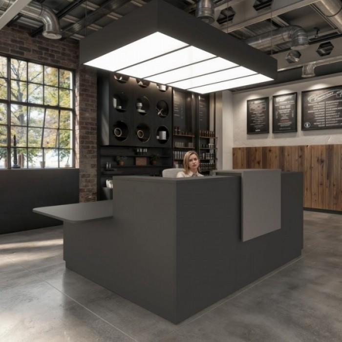 Mostrador de recepción en L con mesa – Vista lateral