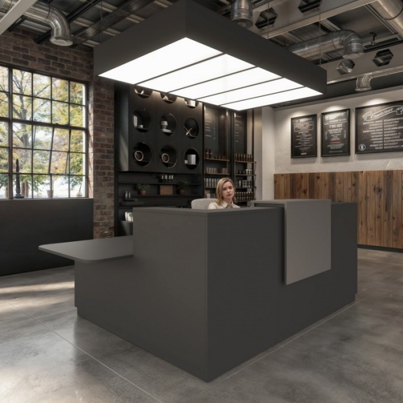 Mostrador de recepción en L con mesa – Vista lateral
