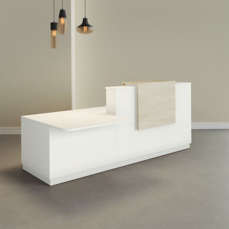 Mostrador accesible blanco con altillo roble