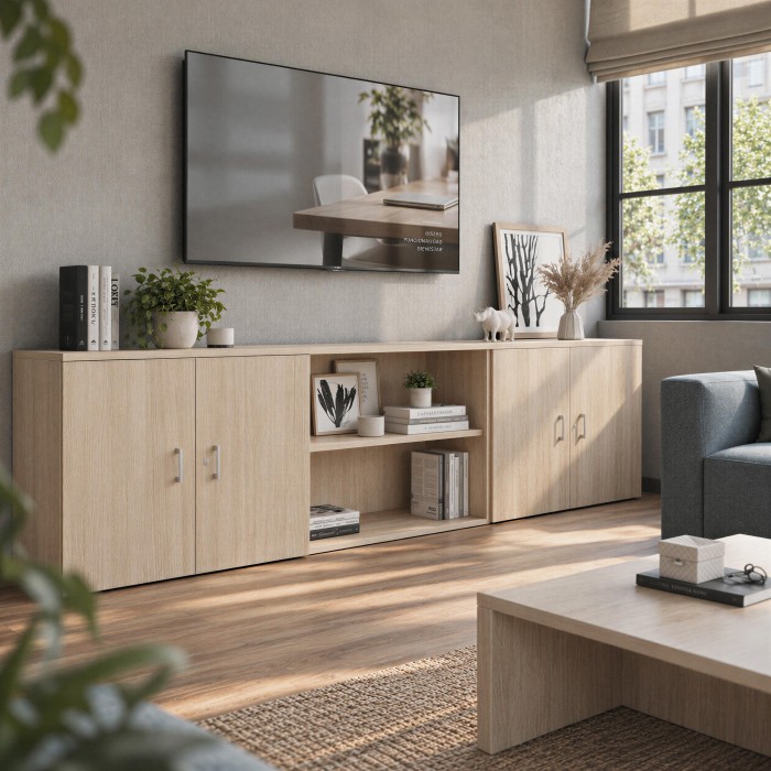 Spazio relax con armadi Chronos chiusi e misti in rovere
