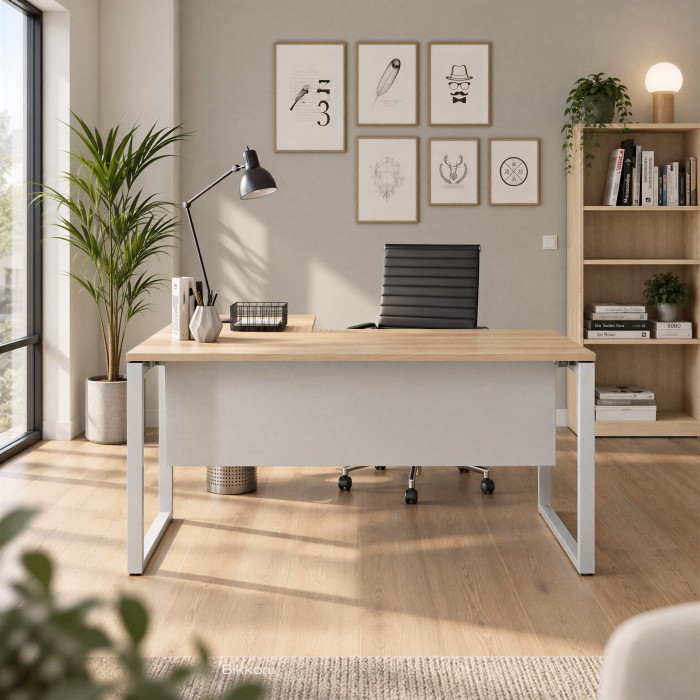 Ufficio con scrivania direzionale Regina con ala in rovere e argento