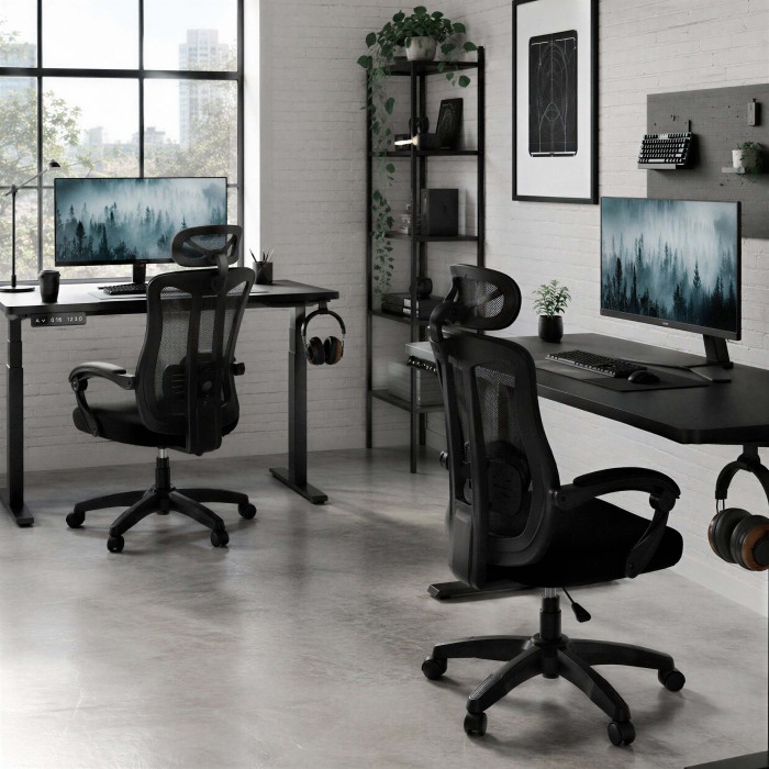 Sedia da scrivania con poggiatesta Nara Plus nera ambientata studio