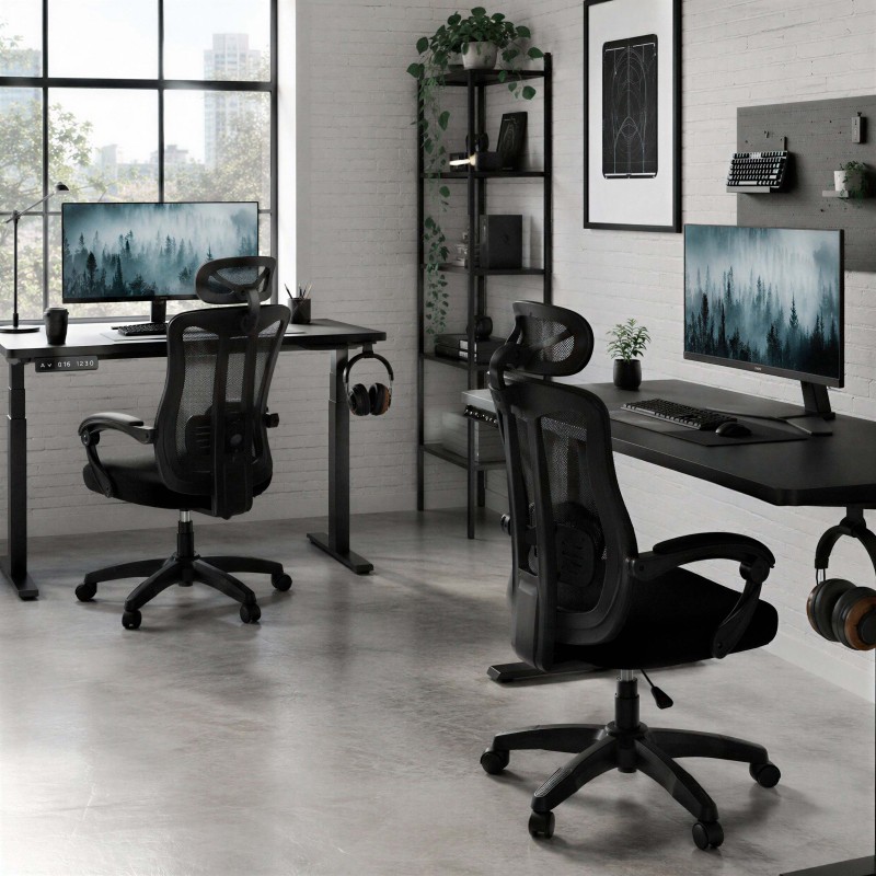 Sedia da scrivania con poggiatesta Nara Plus nera ambientata studio